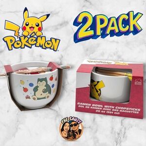 Pokemon Ramen Bowl 2 Pack Pikachu Snorlax 20oz Ceramic with Chopsticks Gamer
